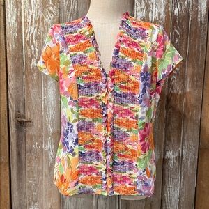 NWOT COLDWATER CREEK Medium Blouse Cap Sleeves Shirred Front Floral Print Lined